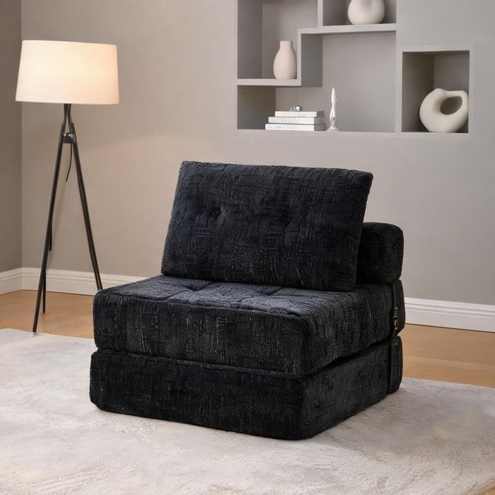 Canapé-lit pliant en chenille noir 79 cm coussins tête et lombaires mousse haute densité pour salon ou chambre