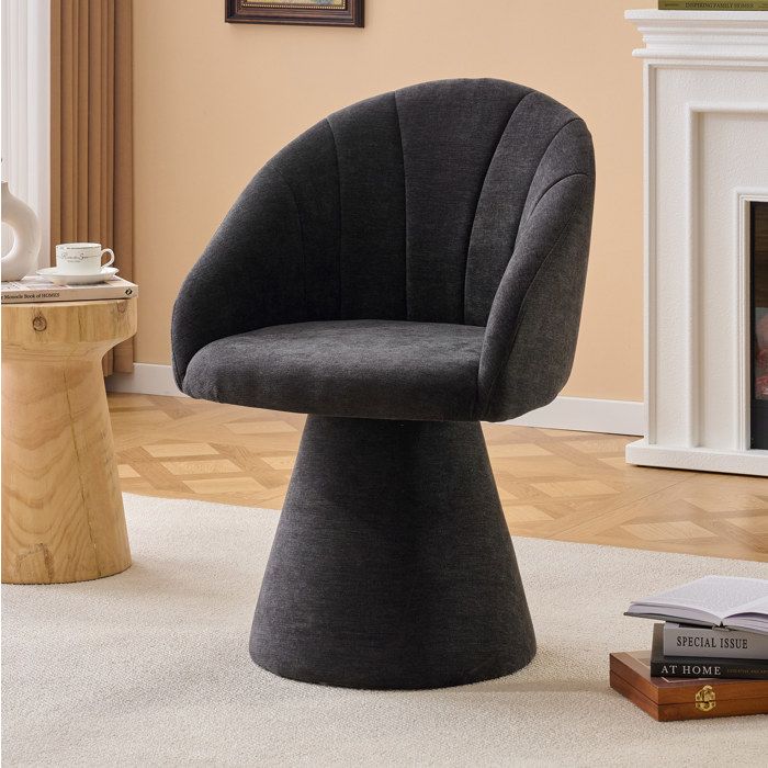 Chaise pivotante 360° en chenille grise dossier arrondi ergonomique accoudoirs intégrés base conique