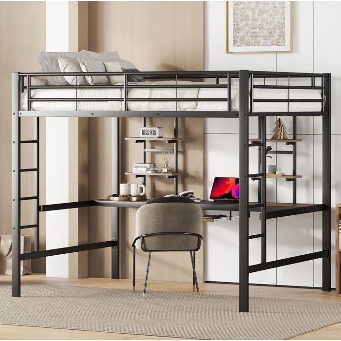 MEULVA Lit mezzanine 140 x 200 cm en métal noir avec bureau 2 étagères tablette clavier et échelle fixe