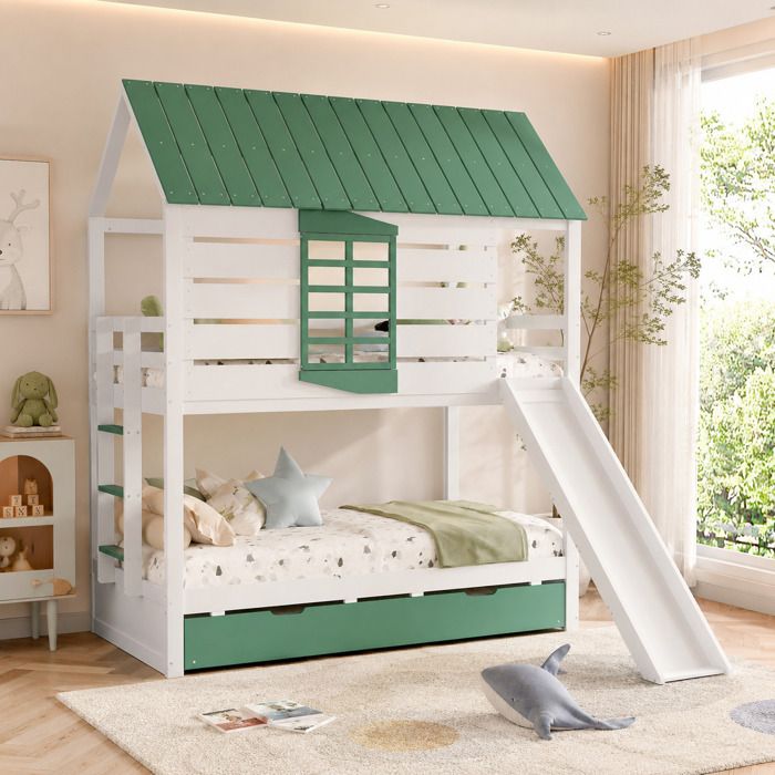 Lit Superposé en Forme de Maison 90x200 cm avec Lit Gigogne 90x190 cm Toboggan Barrière Sécurité Sans Matelas Blanc et Vert