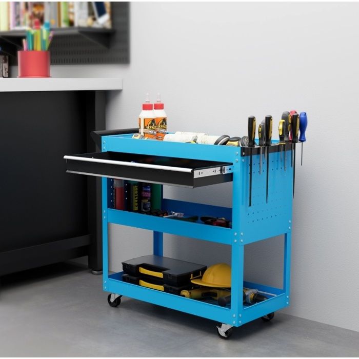 Servante datelier 3 niveaux EVRYAE 82 x 35 x 76 cm avec 1 tiroir 4 roues support à outils acier bleu