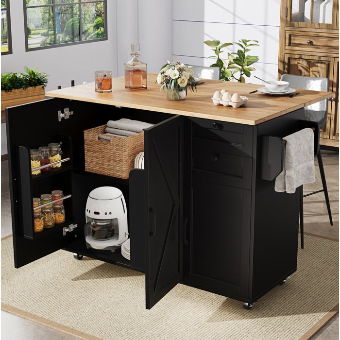 Meuble rangement cuisine desserte sur roulettes avec plateau pliable 2 tiroirs 3 portes MDF métal noir 120x432x92 cm Grjofek