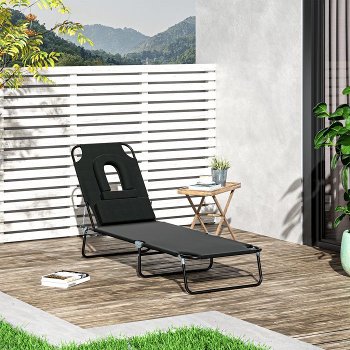 Transat pliant avec trou pour le visage et coussins structure acier et tissu Oxford