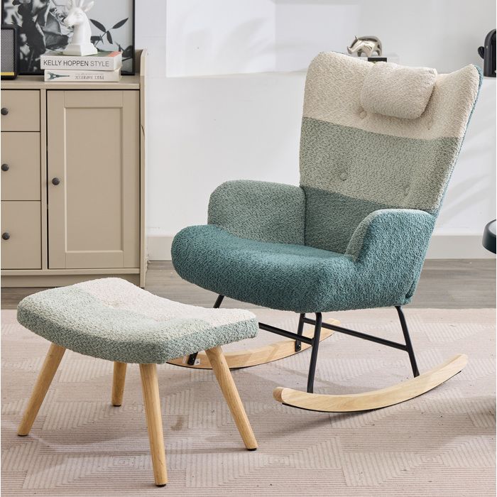 WUVRIE Fauteuil à bascule avec repose-pieds bouclette multicolore dossier haut 95 cm structure bois et métal