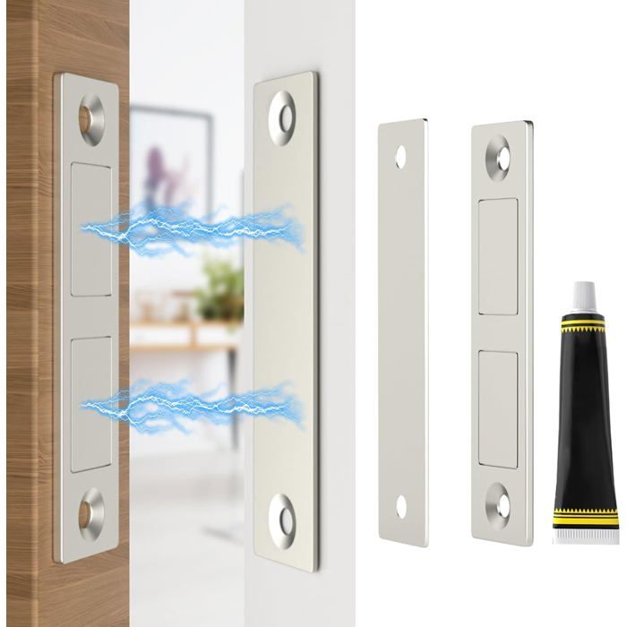 Aimant de porte ultra fin 39 mm - lot de 2 - double aimant 13 kg sans vis ni perçage adhésif acier inox pour placard tiroir meuble