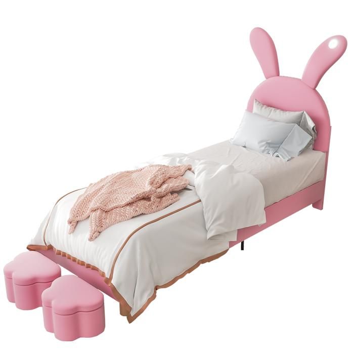 Lit ado 90x200 cm en velours français rose – LED oreilles de lapin pliables 2 bancs de rangement sommier sans matelas