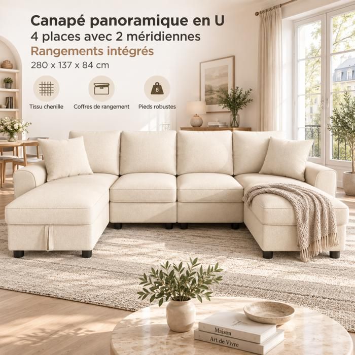 Canapé modulable - SOGEU - Canapé Composable - 5 places - Forme U - 2 coffres de rangement