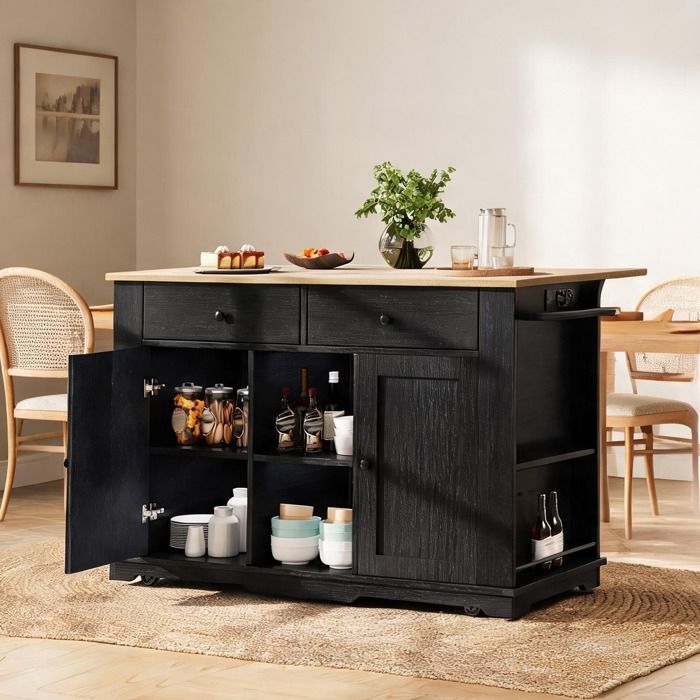 Îlot de cuisine noir classique et bois naturel 151 5 cm avec rallonge rabattable - Black+Natural MDF+Metal 151.5 x 59.7 x 91.7 cm