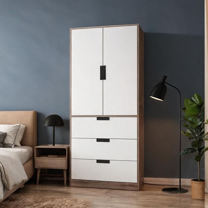 Armoire 2 portes avec tringle et 3 tiroirs panneau de particules marron et blanc 80 x 50 x 180 cm