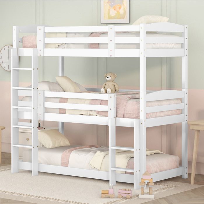 Lit superposé triple enfant 90×200 cm avec deux échelles et barrières - LPOSPI - sans matelas bois - blanc