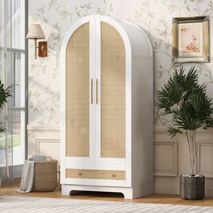 Armoire de chambre double porte 70 x 55 x 170 cm avec tiroirs et aspect rotin blanc JOINERY