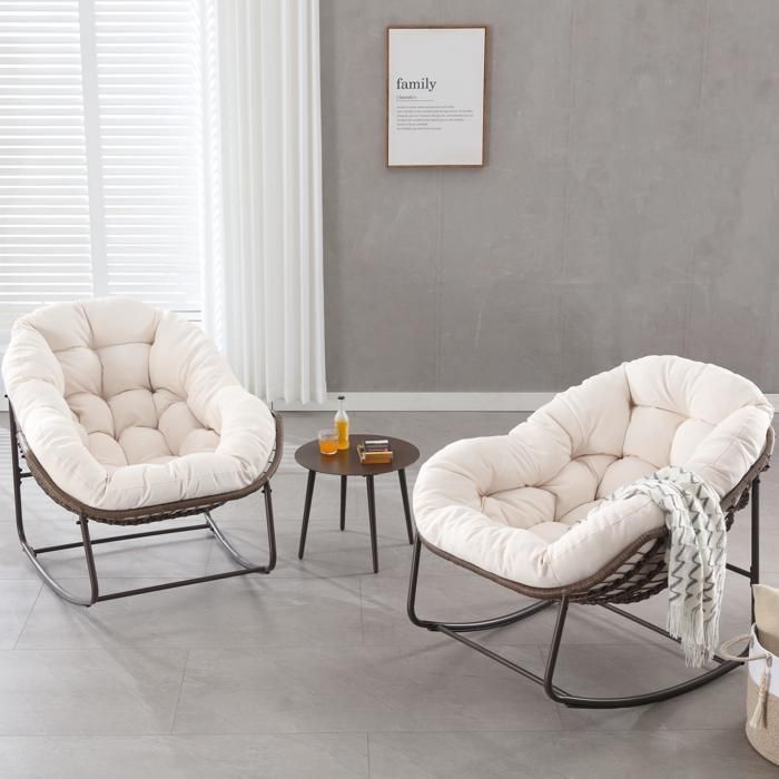Fauteuil à bascule œuf intérieur extérieur blanc 78x106x90 cm avec coussin épais structure acier et rotin FOLYNA