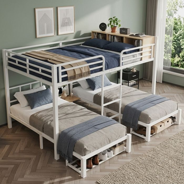 Lit superposé enfant métal 3 places 90/140×200 cm Lit adolescent Lit double Lit triple avec rangements ouverts table blanc