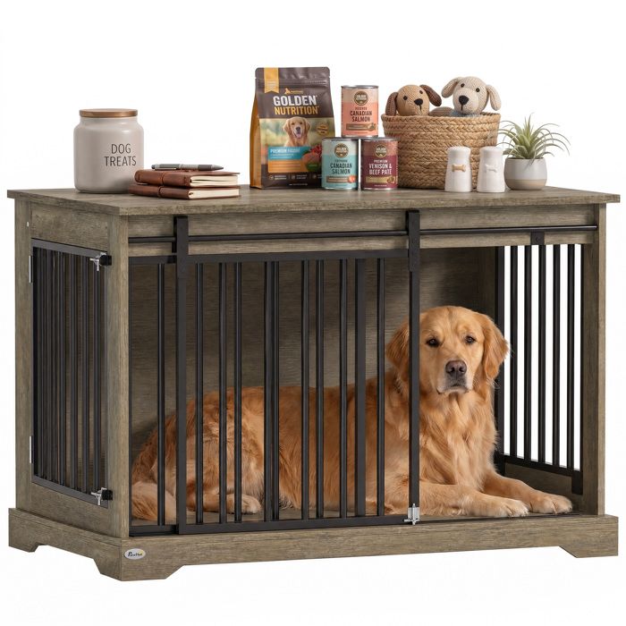 Cage pour chien - PawHut - porte coulissante table dappoint niche moderne pour chien 30kg- bois - 100x60x68cm - effet bois gris