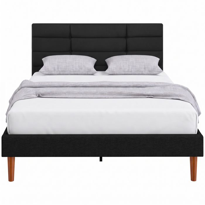 Cadre de lit double – Tête de lit capitonnée effet lin silencieux 500 kg – Pour chambre moderne – 140x200 cm Noir