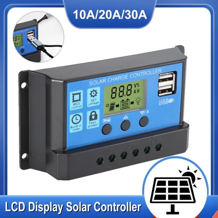 Contrôleur Charge Solaire PWM 12V/24V - Double écran LCD - 10A 20A 30A - Protection Complète