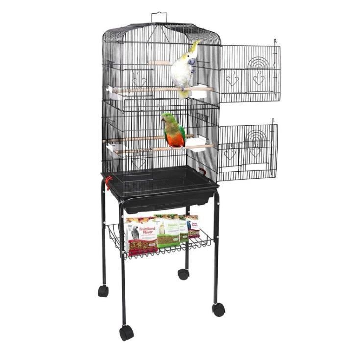 FIRNOSE Cage Oiseaux à Roulettes - 3Perchoirs + 1Balançoire - en Métal - Canaris/Perruches/Oiseaux exotiques - Noir 46x 35x 150.6cm