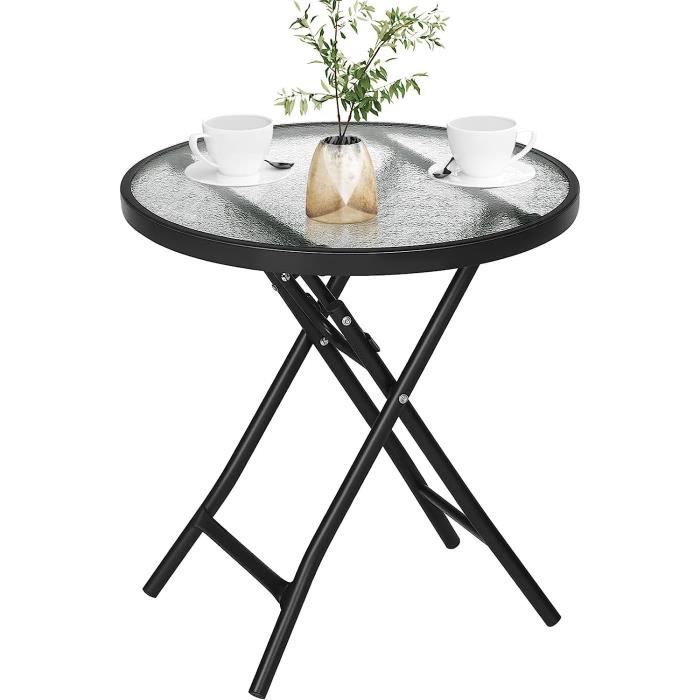 table de jardin pliante, table de balcon ronde, table d'appoint extérieure en verre trempé, noir+transparent e0eg0004