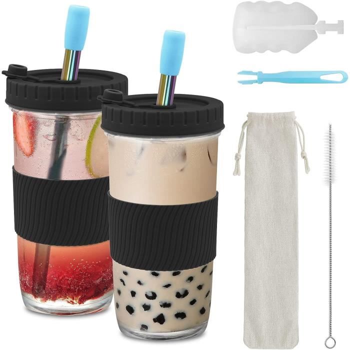 4 Gourdes Verre Bubble Tea Spurtar 720ml - Avec Pailles INOX Et Couvercles