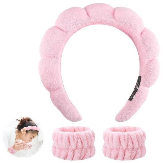 Ensemble de Bandeau et Bracelets de Lavage en Microfibre -Prévient les Éclaboussures Idéal pour Maquillage Douches Yoga Sport rose