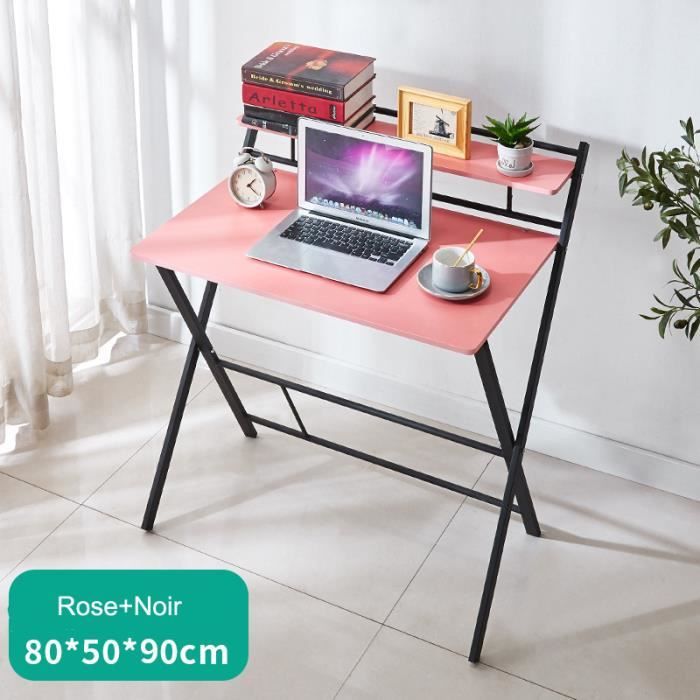 secrétaire table d'ordinateur pliante table de bureau table de travail avec étagère -80*50*90cm rose+noir(pas besoin d'installer)