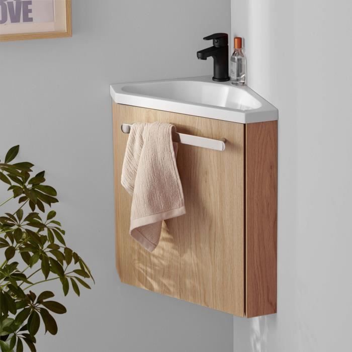 Meuble lave-mains d'angle SKINO en bois décor chêne avec vasque en céramique et robinet noir