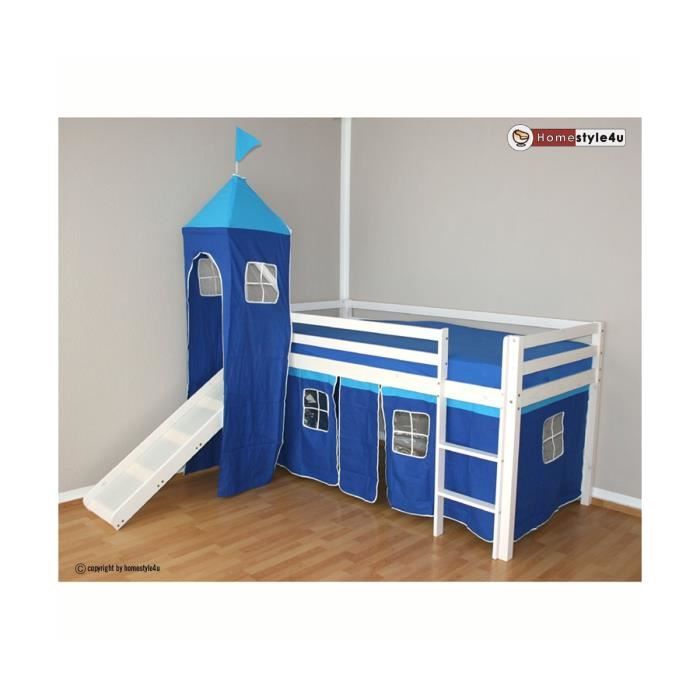lit mezzanine enfant homestyle4u - blanc - 90x200 - hauteur 110cm - avec échelle tour et toboggan bleu