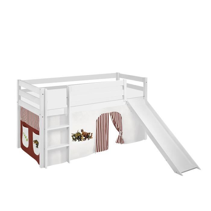 Lit surélevé ludique JELLE 90 x 190 cm Dinos marron beige - LILOKIDS - blanc laqué