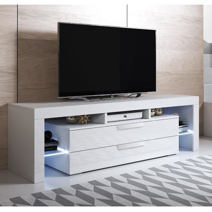Meuble TV - Selma - 2 tiroirs - LED - Blanc Finition brillante Meuble TV - Selma - 2 tiroirs - LED - Blanc Finition brillante