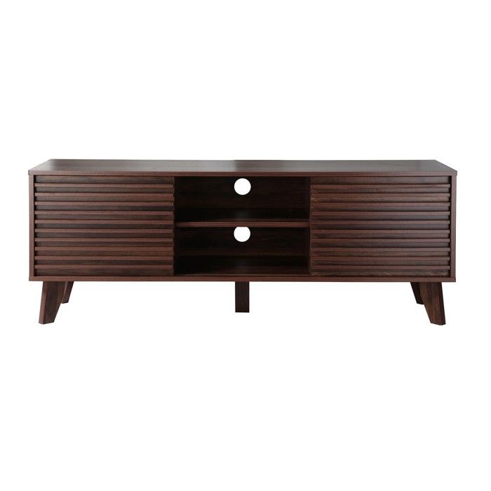 CALICOSY - Meuble TV portes coulissantes Façades Effet Bois Rainuré L135 cm - FRIBOURG - Bois foncé CALICOSY - Meuble TV portes coulissantes Façades Effet Bois Rainuré L135 cm - FRIBOURG - Bois foncé