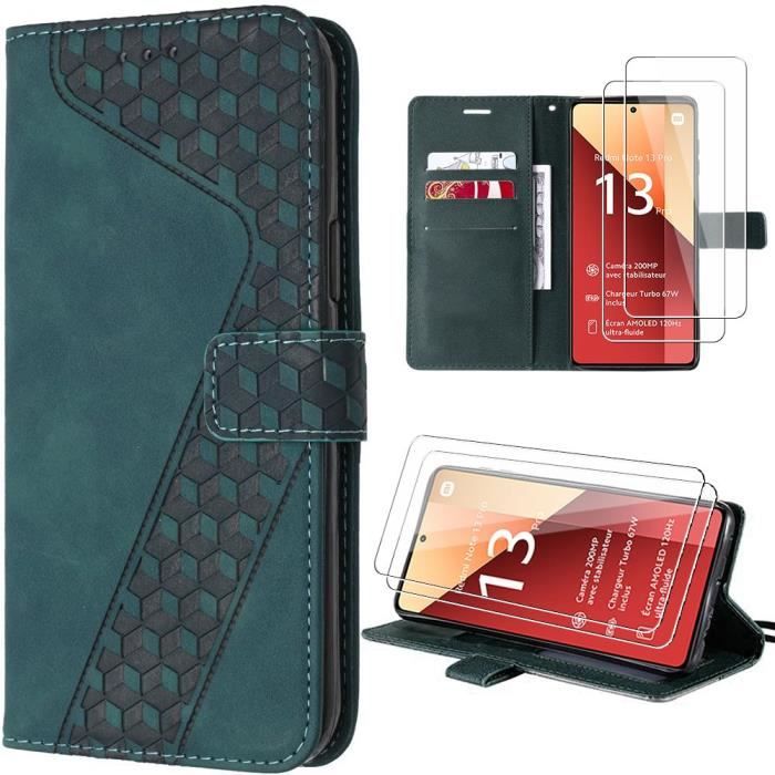 Coque Portefeuille Synthécuir + 2 Verres Trempés Pour Xiaomi Redmi Note Et Modèles 13 Pro