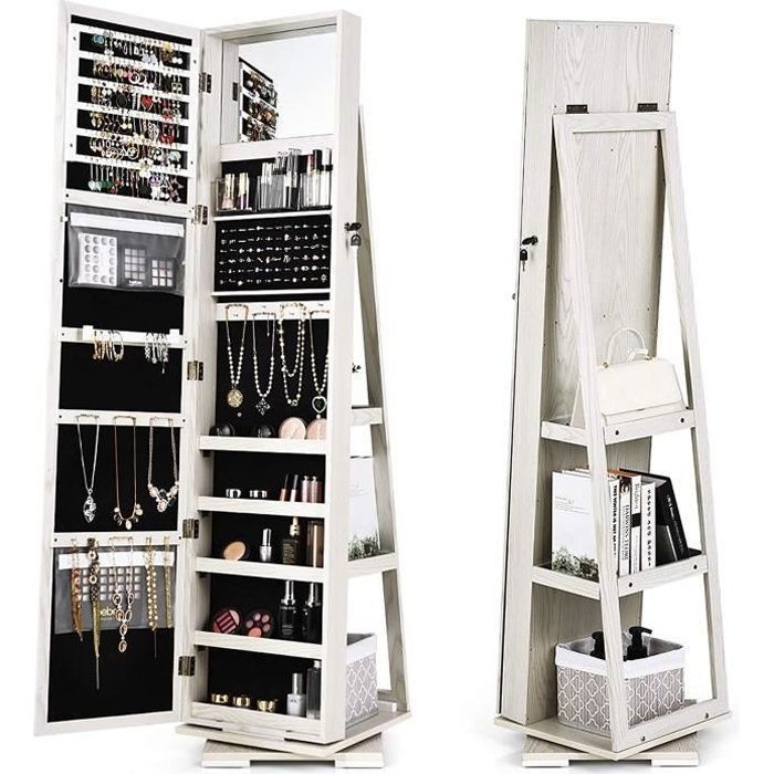 Armoire à Bijoux Pivotante GOPLUS avec Miroir et Etagères - Blanc