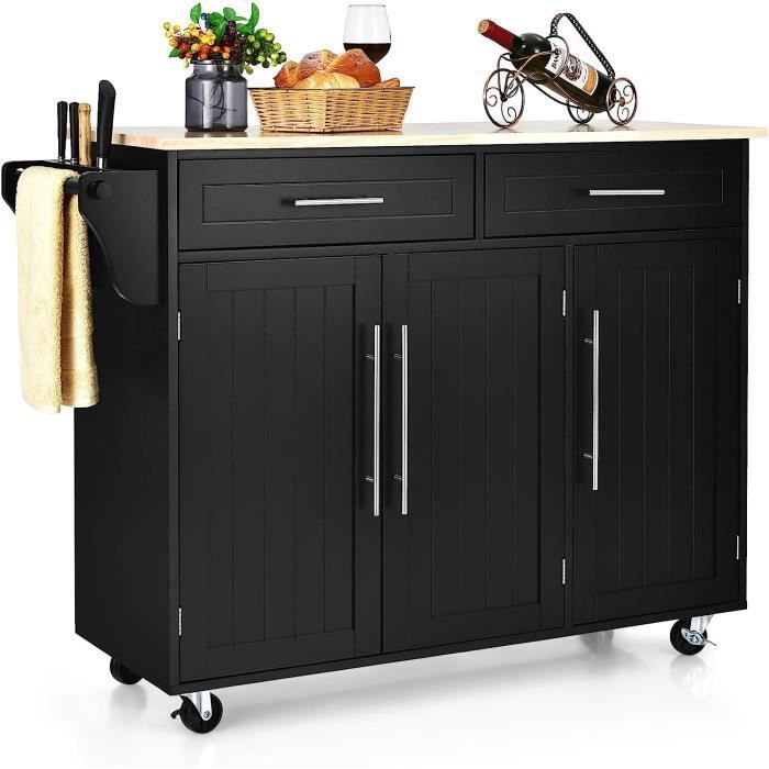 GOPLUS Desserte Îlot de Cuisine à roulettes en Bois avec 2 Placards Étagère 2 Niveaux Réglables et 2 Tiroirs 122 x 46 x 93 CM