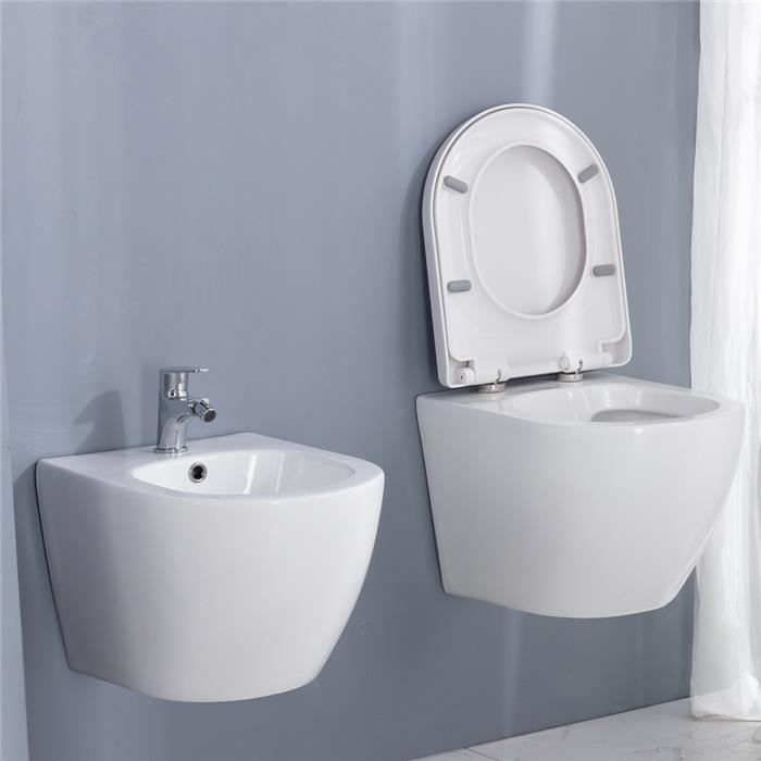 Sanitaires suspendus italiens de 52 cm de large. Rimfree Domus Falerii - Wc  + Bidet + Abattant WC + kit de fixation - South Ceramic