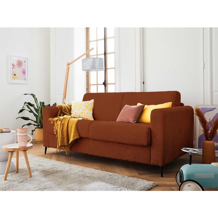 Owen - canapé lit 3 places convertible express couchage quotidien 140 cm matelas 12 cm en velours côtelé - Terracotta