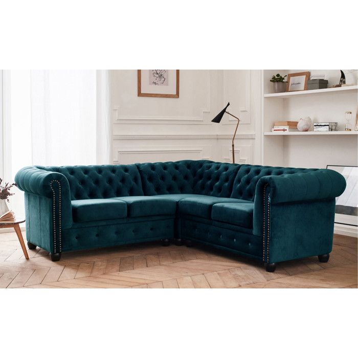 William - Canap&eacute; d'angle Chesterfield - 5 places - velours - Bleu canard