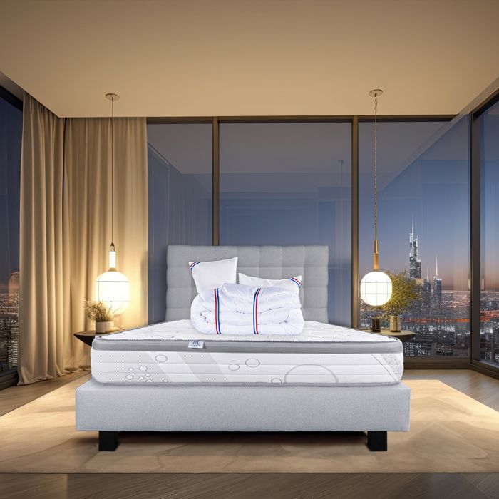 Ensemble matelas Relaxation 26 cm ressorts ensachés ferme réversible+sommier gris ep20cm + 2 oreillers+couette+TDL Ensemble matelas Relaxation 26 cm ressorts ensachés ferme réversible+sommier gris ep20cm + 2 oreillers+couette+TDL