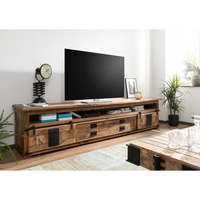 Meuble TV - MASSIVMOEBEL24 - RAILWAY N° 255 - Bois massif - Gris - Industriel - Loft