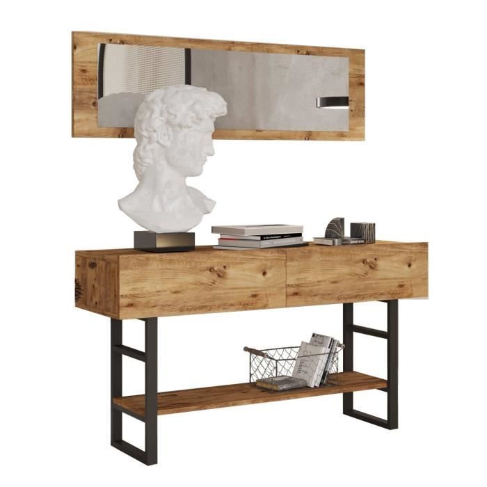 Ensemble console 2 portes et miroir Elirise Métal Noir et Bois Naturel