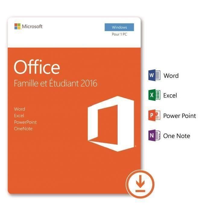 Logiciels – Microsoft – Office Famille et Etudiant 2016 – Windows – Licence à vie – Applications bureautiques