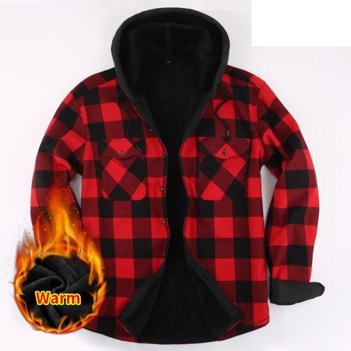 Chemise Homme Doublee Polaire Avec Capuche Manches Longues Avec Poche Poitrine Chaud Hiver Casual Carreaux