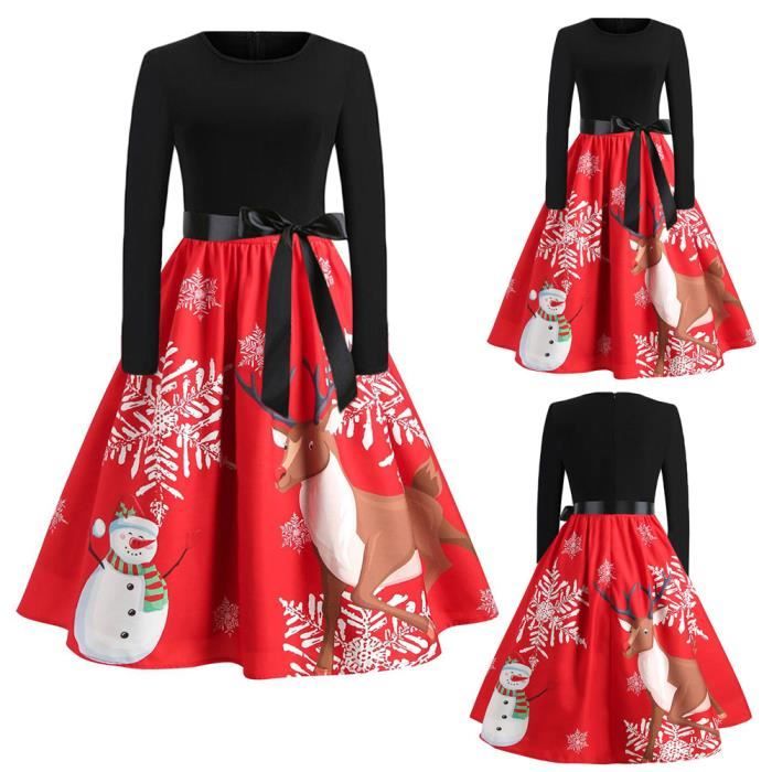 Femmes Robe Noel Femmes Manches Longues Vintage Print Party Robe De Soiree Evasee Rouge Rouge Achat Vente Robe Cdiscount