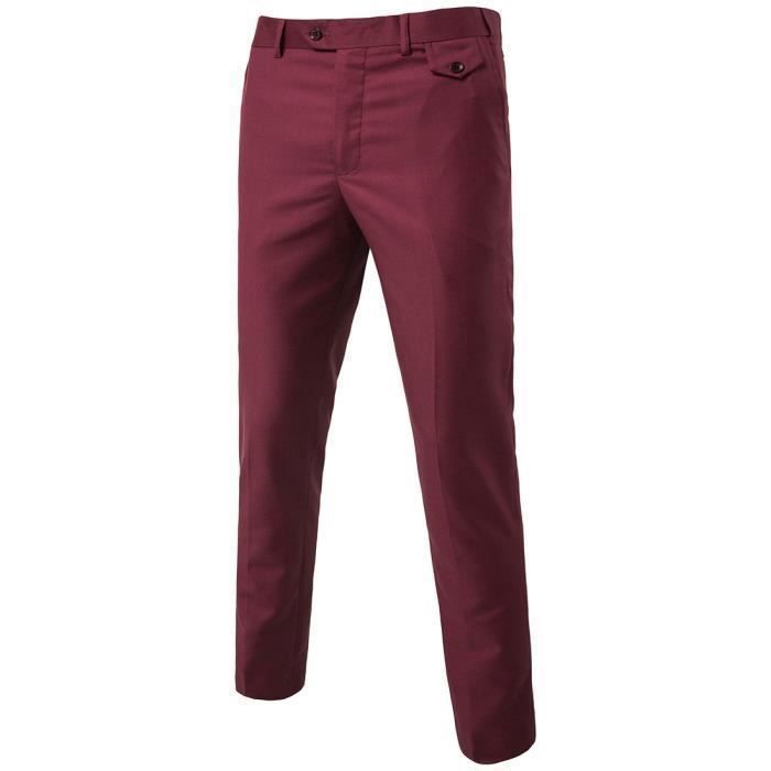 Pantalon Habille Homme Sans Pince A Taille Ajustable Slim Fit Pantalon Costume Classique Couleur Unie Rouge