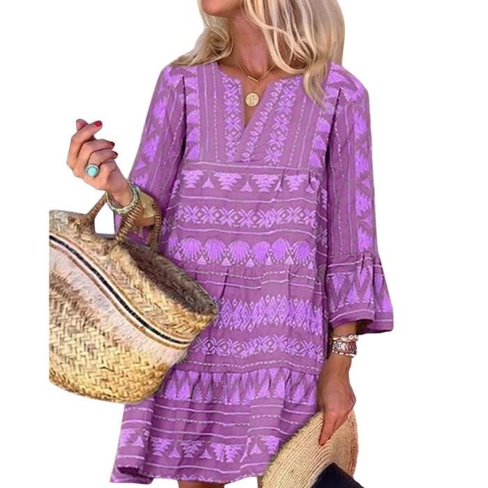 Robe Femme Ethnique Rétro - Décolleté En V Sans Manches - Multicolore - Neuf Avec Étiquettes