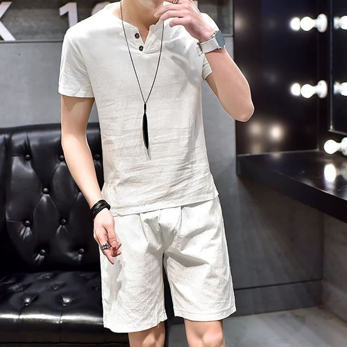 Ensemble de coton et lin pour homme T shirt a manches courtes de couleur unie Ensemble decontracte de grande taille blanc Blanc Cdiscount Pret a Porter