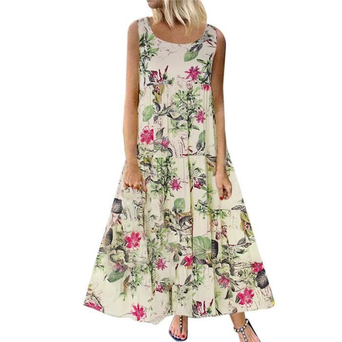 Robe Longue Femme Imprimée Boho | Bretelles Spaghetti, Col En V | Taille Haute Avec Ceinture | Idéale Plage, été
