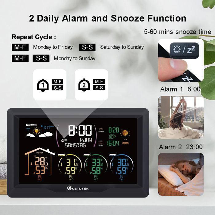Station Météo Intérieure Extérieure KETOTEK - Thermomètre Hygromètre LCD Avec Radio-Réveil DCF