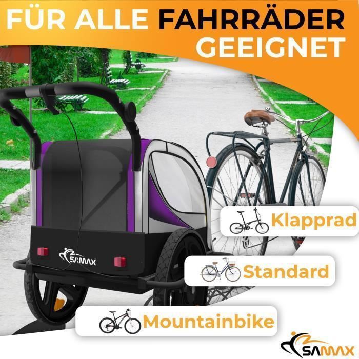 Remorque Vélo SAMAX Convertible 2en1 Pour 2 Enfants - Rouge Et Argent