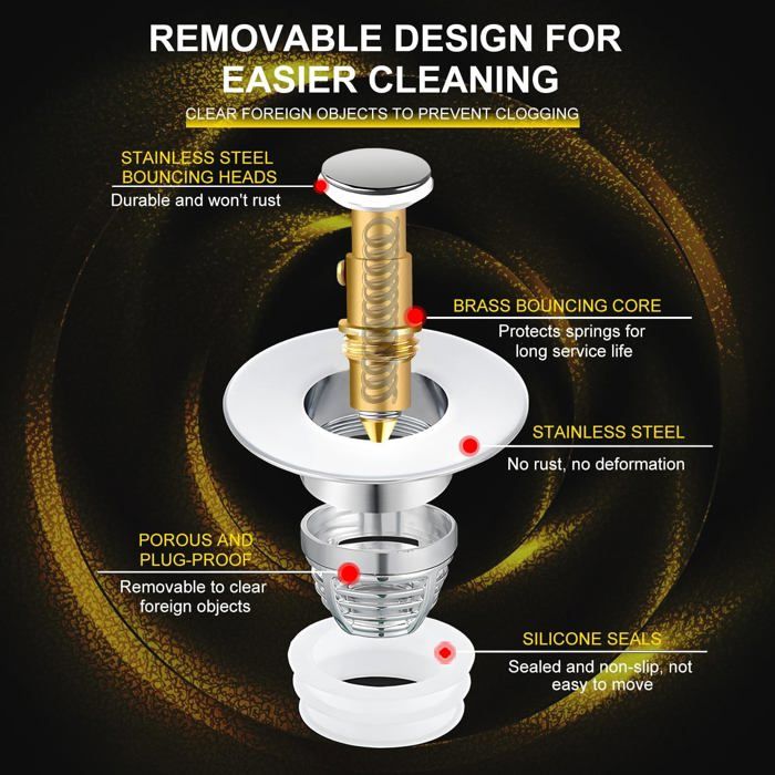 Bonde Lavabo Universel Bouchon Vidange Amélioré Pull Type - Drainage Rapide 32-42mm Or