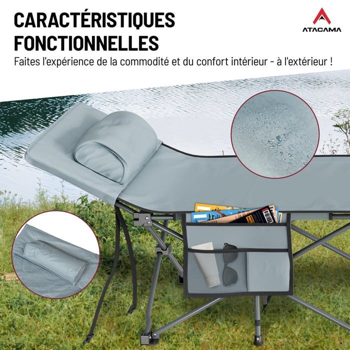 COSTWAY Lit de Camp Pliable avec Rallonges de Pieds, Poche Latérale, pour Randonnée, Plage, Maison, Bureau, 150 kg, Noir - Sport